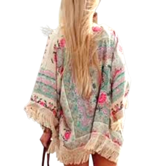 OPEN Floral Chiffon Fringe Boo-boo Style Swimsuit Cover-Up Size LG/XL - Picture 11 of 12